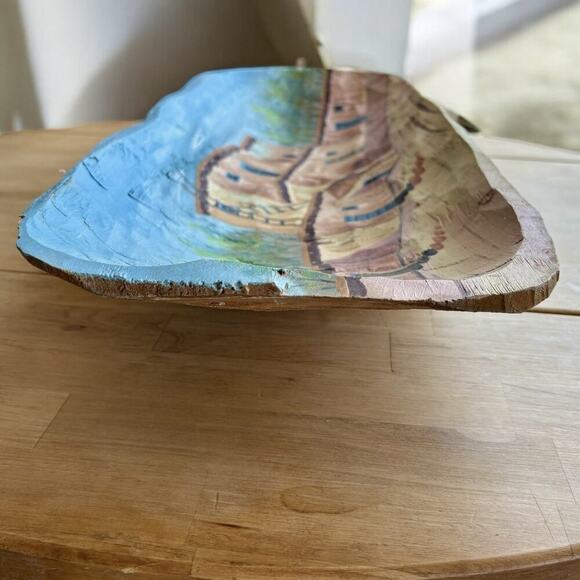 MEXICAN FOLK ART Hand Carved Decorative WOOD DISPLAY BOWL SIGNED PAINTED PUEBLO - Picture 7 of 16